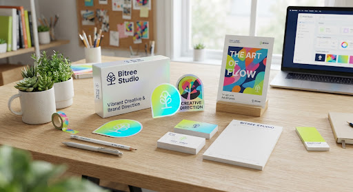 Vibrant artistic mockup showing colorful brand identity collateral with holographic finish on studio workbench, featuring lime green and electric cyan gradient stickers, sleek white product boxes with typography, art prints and fresh green potted plants under soft studio natural light.