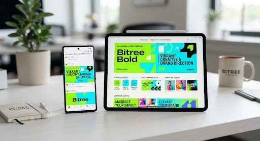 Minimalist smartphone and digital tablet displaying hyper-vivid social media campaign graphics with electric green and cyan highlights, geometric typography, and energetic product layouts on a pristine white desk surface.