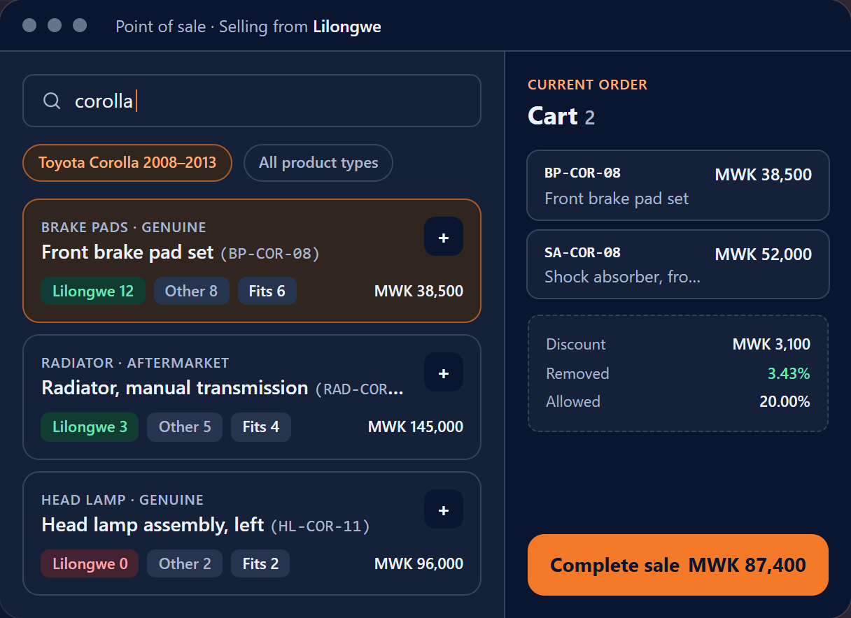 PartFlow Auto point-of-sale sample preview in dark mode, showing vehicle fitment search, branch stock, and a sales cart